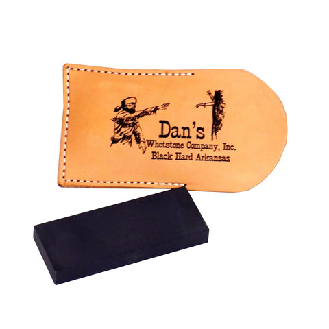 Dans Genuine Arkansas True Black Pocket Knife Blade Sharpening Stone Whetstone 4" x 1 5/8" x 1/2" in Leather Pouch BAP-42-L