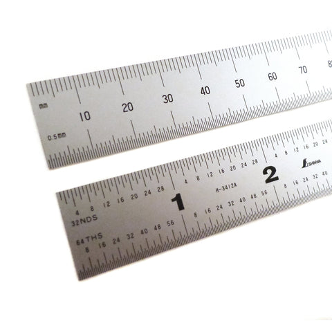 Shinwa 12" 300 mm English Metric Rigid (1.250 wide x .040 thick) Zero Glare Satin Chrome Stainless Steel E/M Machinist Engineer Ruler / Rule with Graduations in 1/64, 1/32, mm and .5mm Model H-3412C