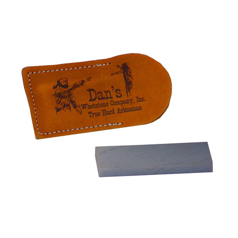 Dans Whetstone Genuine Arkansas True Hard Pocket Knife Blade Sharpening Stone Wet Stone 4" x 1" x 3/8-1/2" in Leather Pouch XAP-14-L