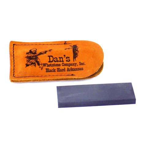 Dans Whetstone Genuine Arkansas Black Hard Pocket Knife Blade Sharpening Stone Wet Stone 4" x 1" x 3/8-1/2" in Leather Pouch BAP-14-L
