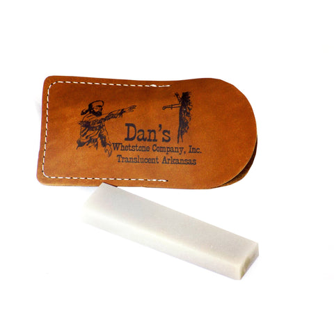 Dans Genuine Arkansas Translucent Pocket Knife Blade Sharpening Stone Whetstone 4" x 1" x 3/8-1/2" in Leather Pouch TAP-14-L