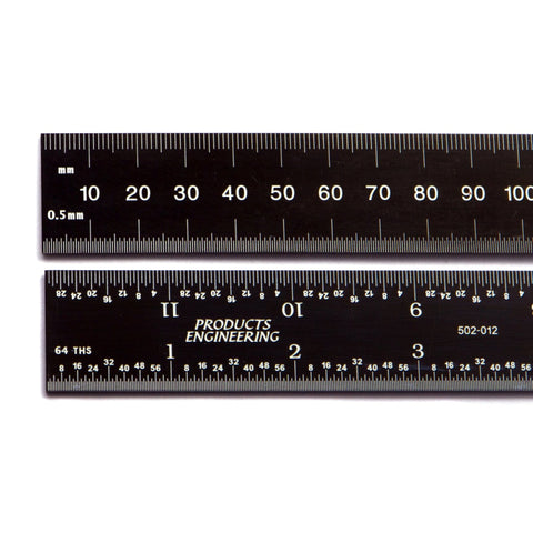 PEC Tools 12" 300 mm English / Metric black chrome, "high contrast" machinist ruler with markings .5mm, mm 1/32" and 1/64"